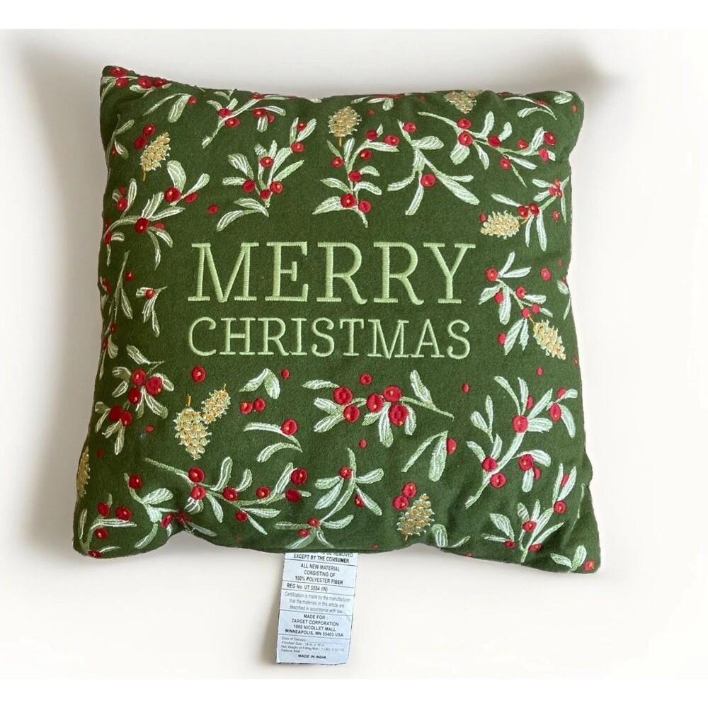 Threshold Merry Christmas Embroidered Throw Pillow 18x18 Green Holiday